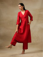 trueBrowns Maroon Textured Silk Overlap Pleat Kurta Pant Set | Grocsy