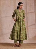 trueBrowns Lime Green Overall Pink Floral Block Print Cotton Flared Kurta Pant Set | Grocsy