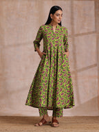 trueBrowns Lime Green Overall Pink Floral Block Print Cotton Flared Kurta Pant Set | Grocsy