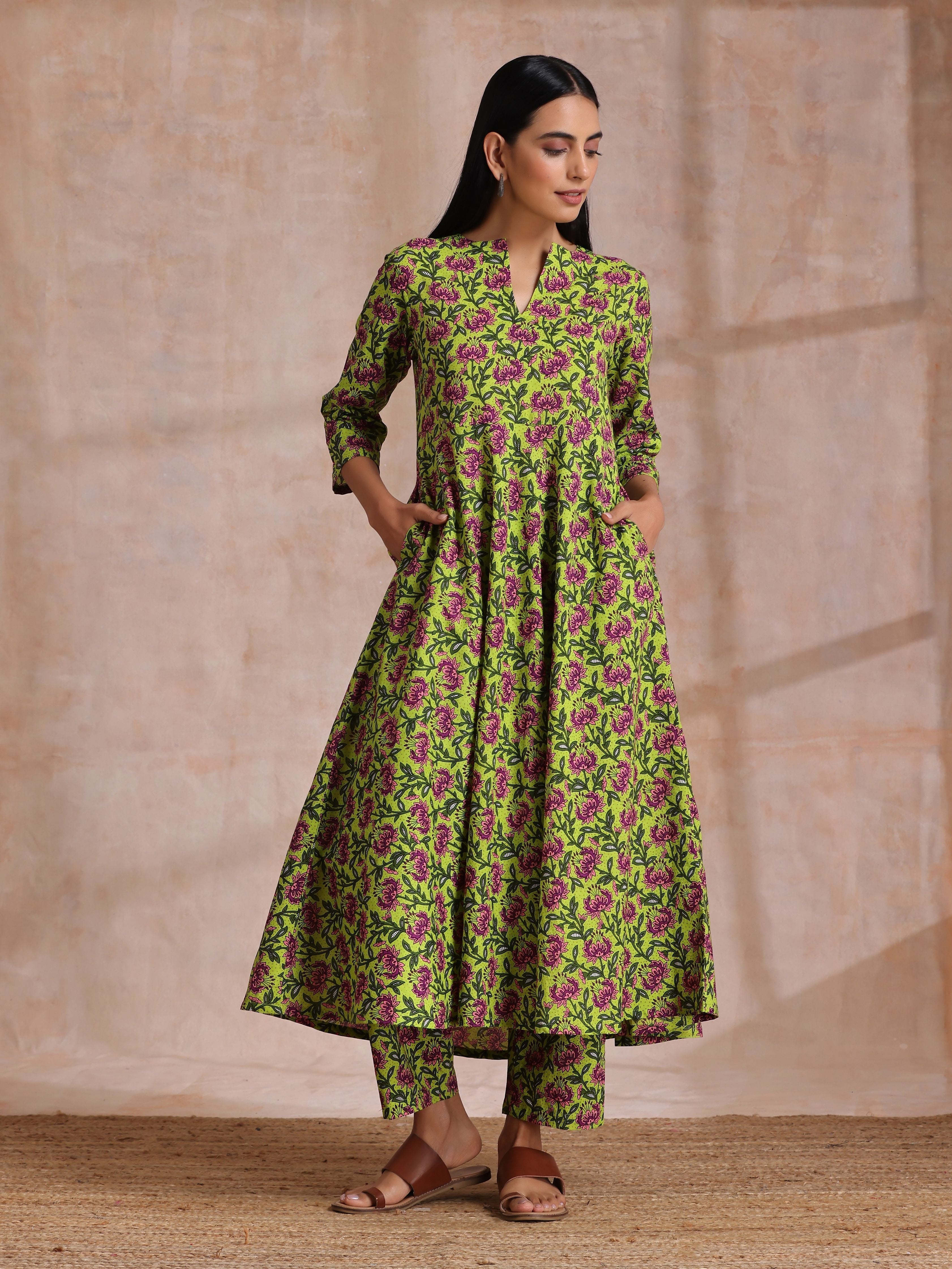 trueBrowns Lime Green Overall Pink Floral Block Print Cotton Flared Kurta Pant Set | Grocsy