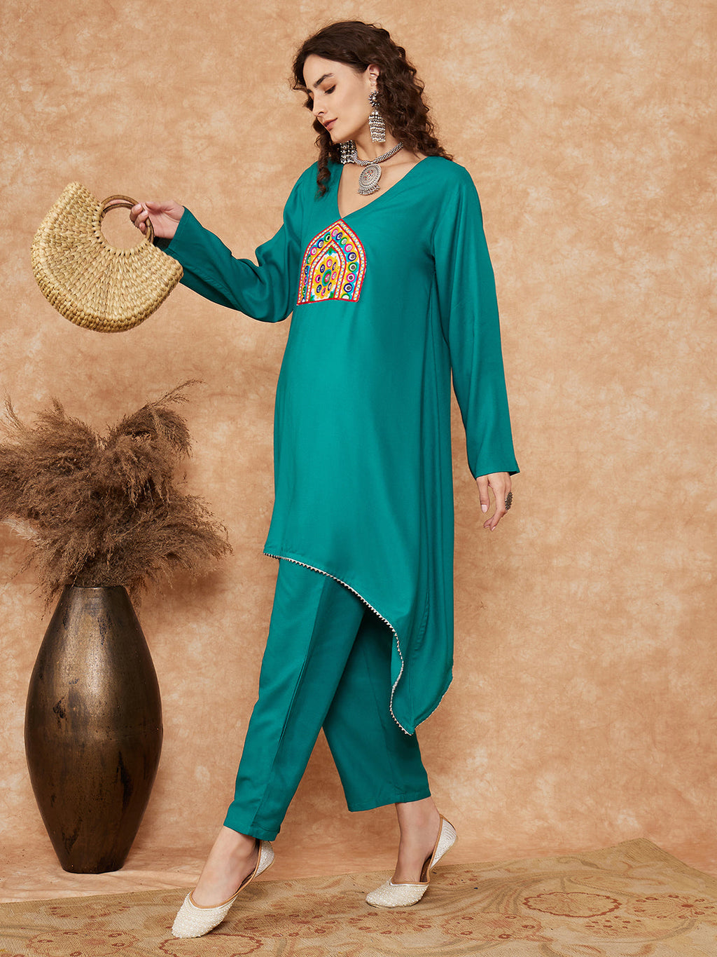 InWeave Women's Teal Trangle Yellow Patch Work Assymentrical Kurta Set | Grocsy