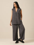 trueBrowns Slate Grey Slub Texture Sleevesless Jacket Pant Set | Grocsy