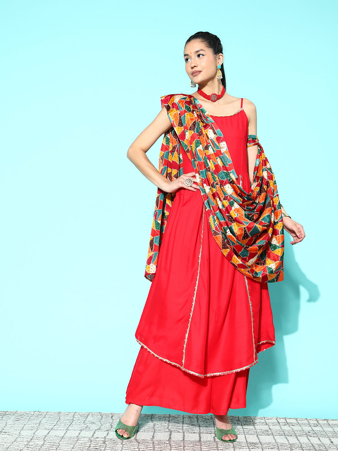 InWeave Women's Red Gota Strappy Set With Multi Foil Muslin Dupatta | Grocsy