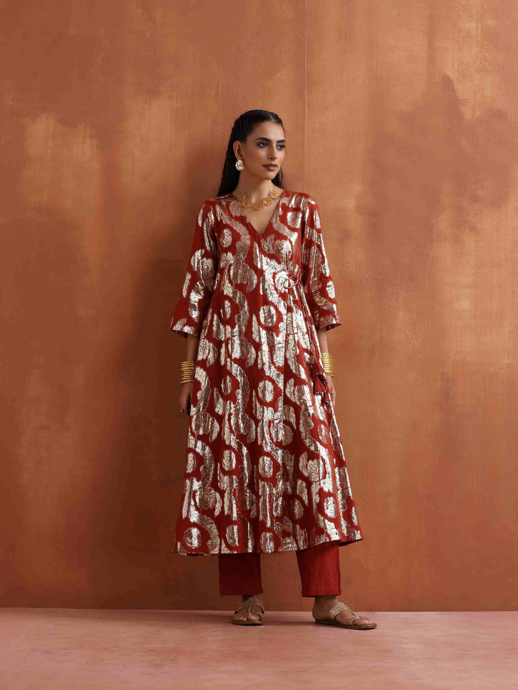 trueBrowns Rust Metallic Angrakha Kurta Set | Grocsy