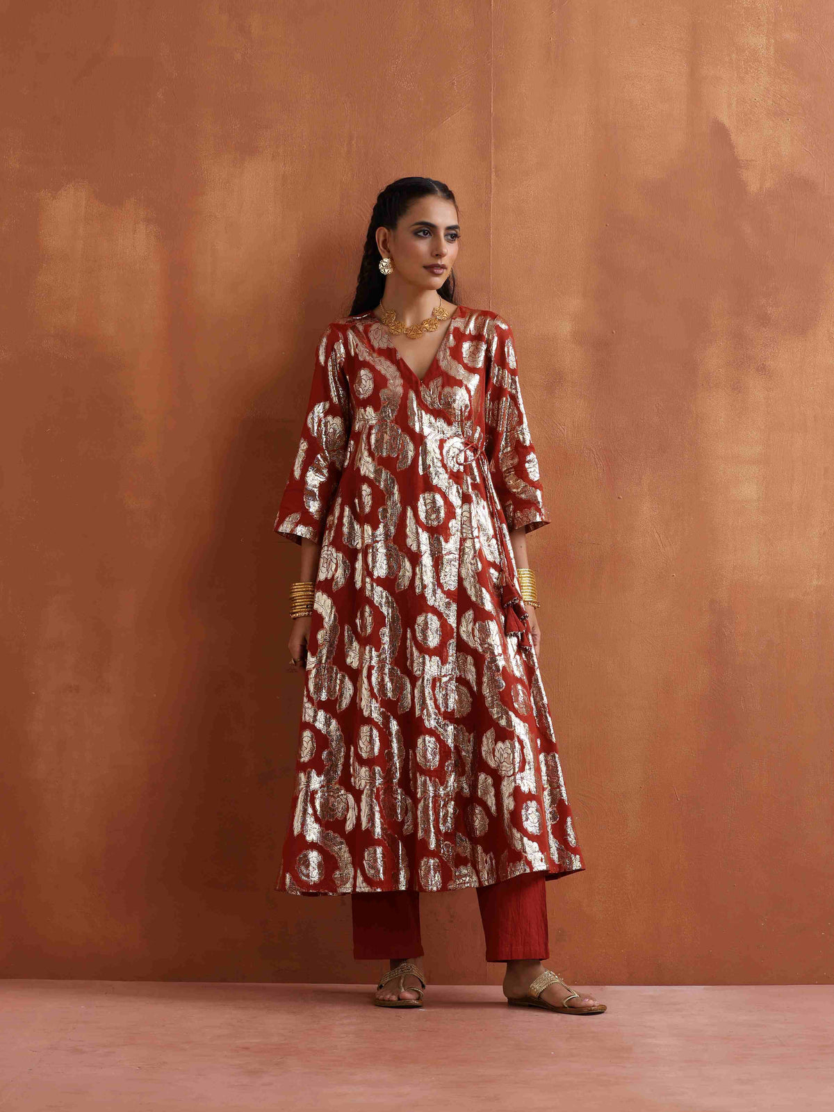 trueBrowns Rust Metallic Angrakha Kurta Set | Grocsy