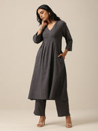 trueBrowns Slate Grey Slub Texture Overlap Pleat Kurta Pant Set | Relove | Grocsy