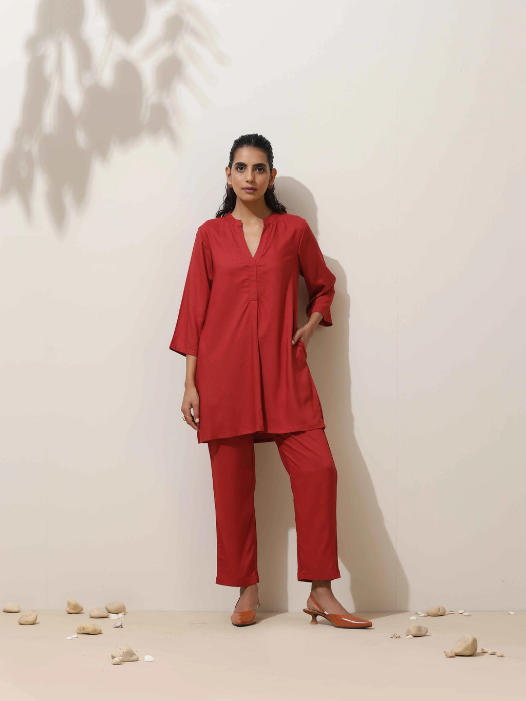 trueBrowns Maroon Viscose Solid Co-ord Set | Grocsy
