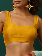 trueBrowns Mustard Muslin Silk Scoop Neck Sleeveless Blouse | Grocsy