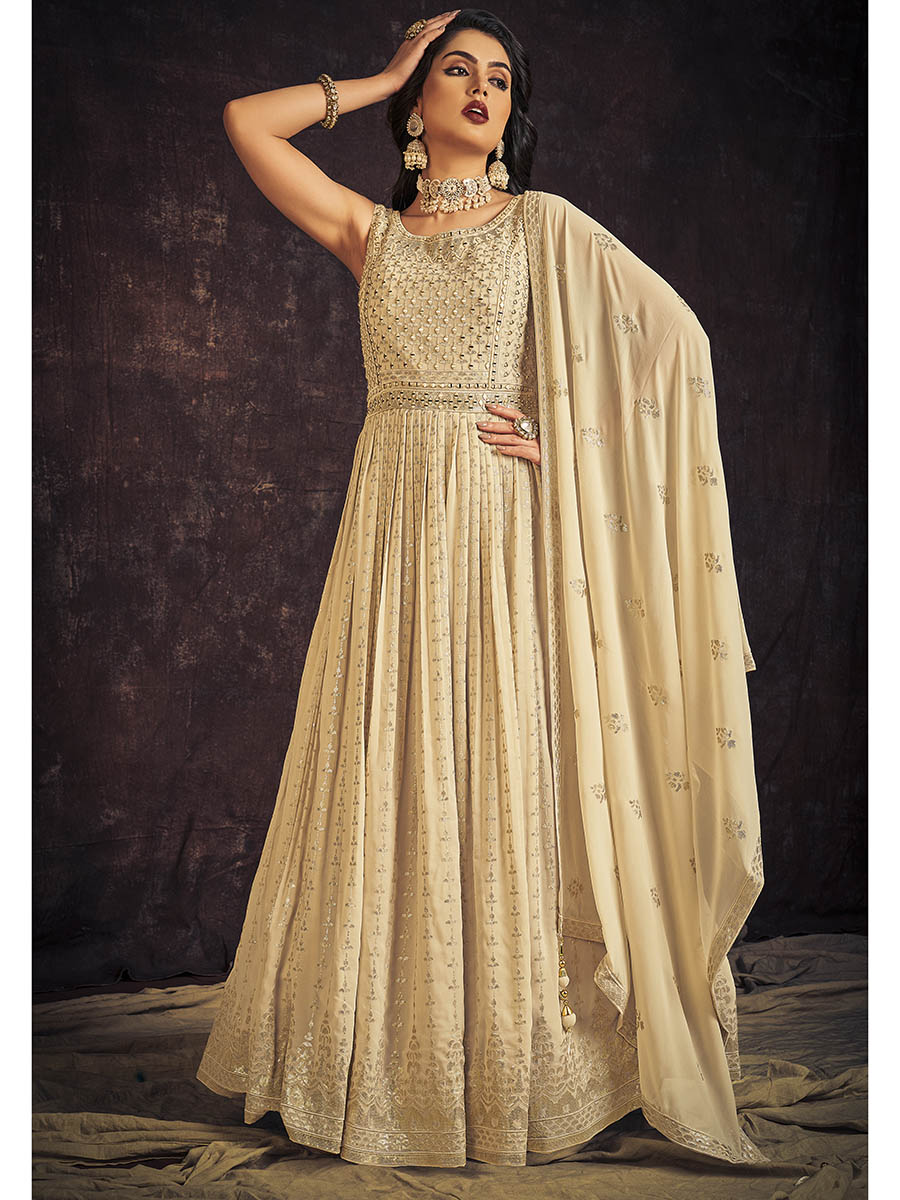 Myra Cream Real Georgette Designer Gown Style Suit | Grocsy