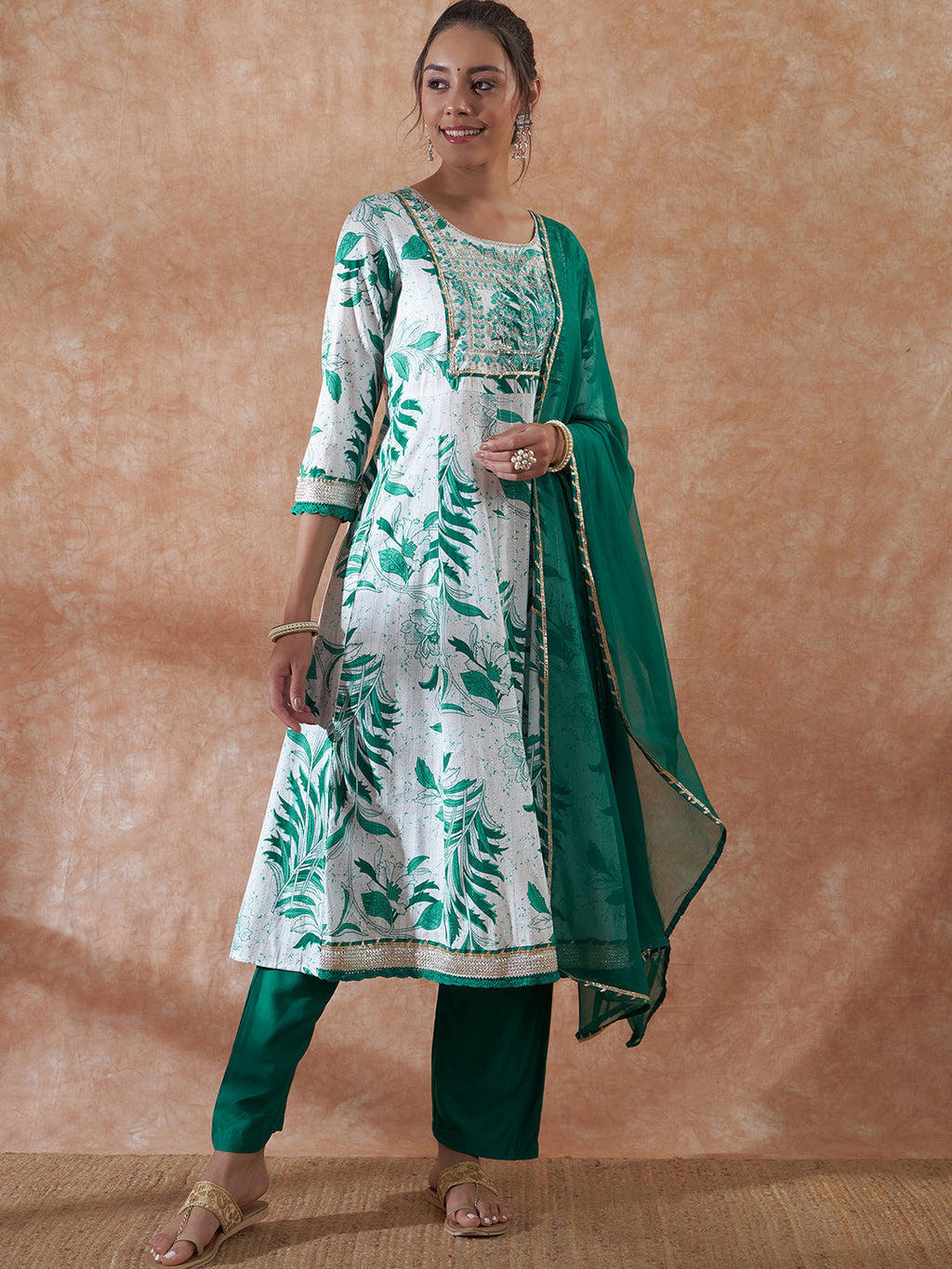 InWeave Women's White Teal Lurex Leaf Print Patch Gota Kurta Set W Teal Dupatta | Grocsy