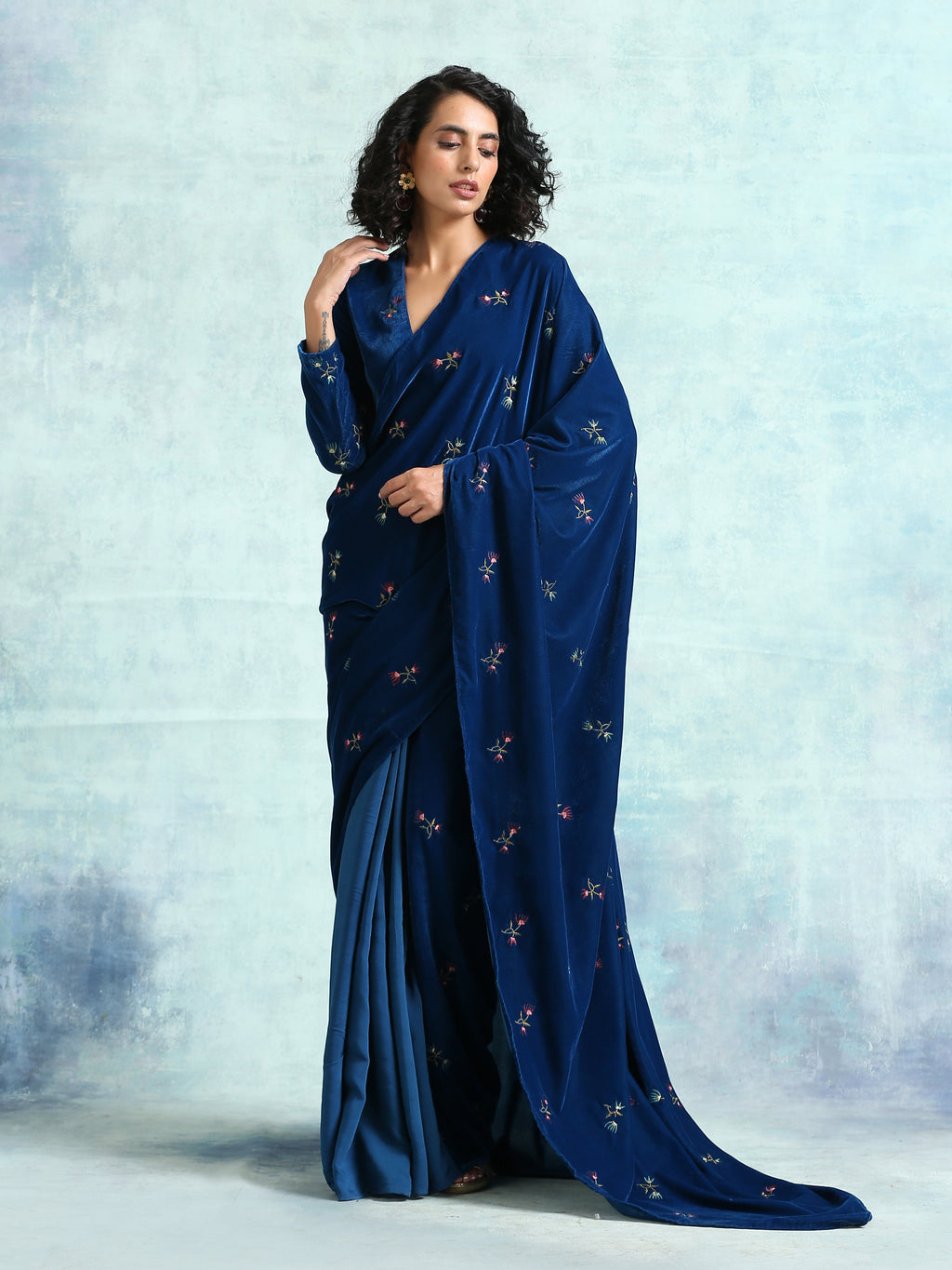 trueBrowns Blue Embroidered Velvet Ready to Wear Saree | Grocsy