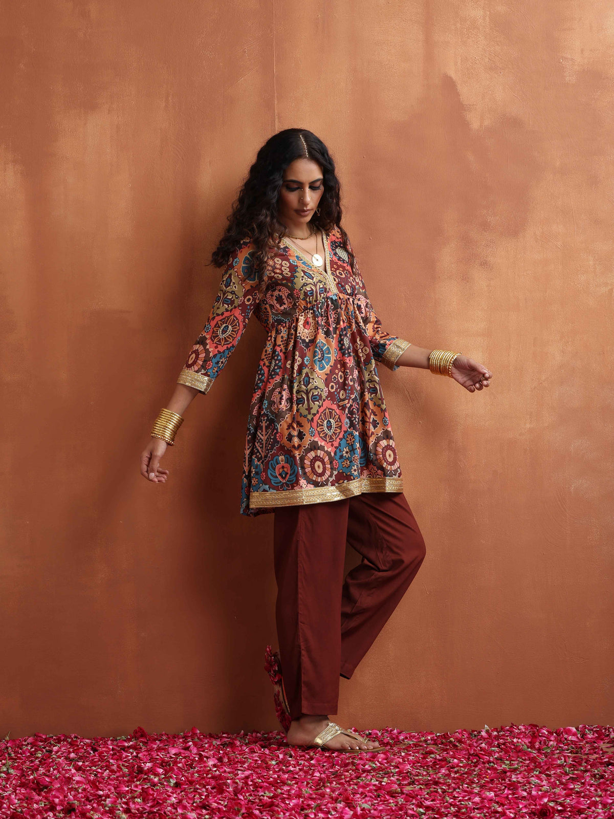 trueBrowns Brown Print Flared Co-ord Set | Grocsy