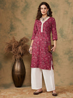 InWeave Women's Burgundy Maroon Print V Neck Lace Work Straight Kurta | Grocsy