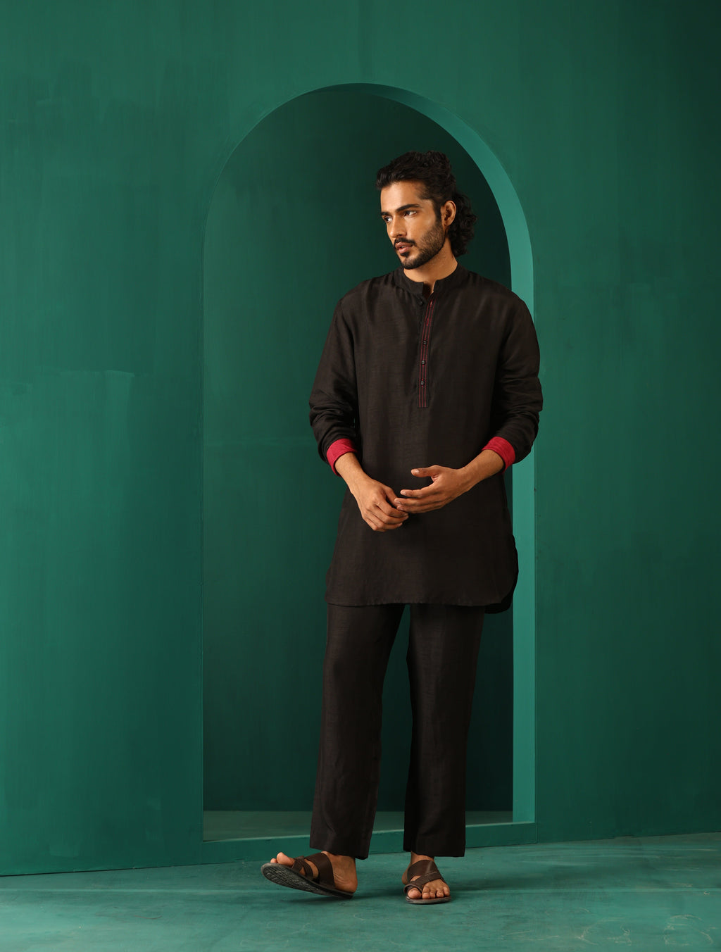 trueBrowns Men's Black Silk Co-ord Set Stitch Detail | Grocsy