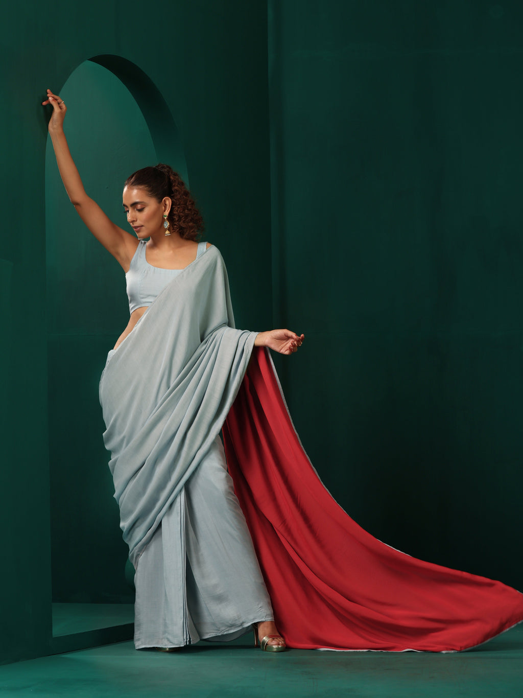 trueBrowns Powder Blue Muslin Silk Ready to Wear Saree | Grocsy