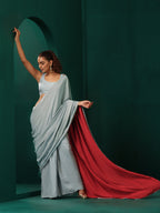 trueBrowns Powder Blue Muslin Silk Ready to Wear Saree | Grocsy