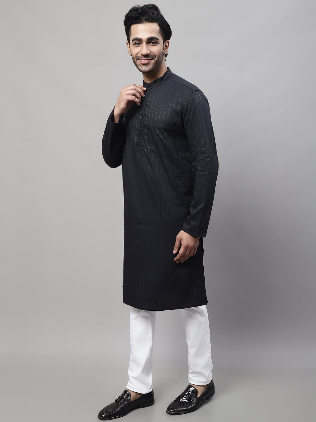 Even Apparels Black Pure Cotton Kurta With Band Collar | Grocsy