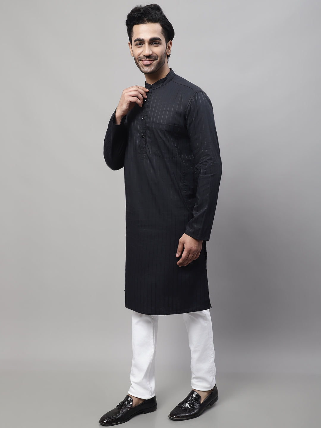 Even Apparels Black Pure Cotton Kurta With Band Collar | Grocsy