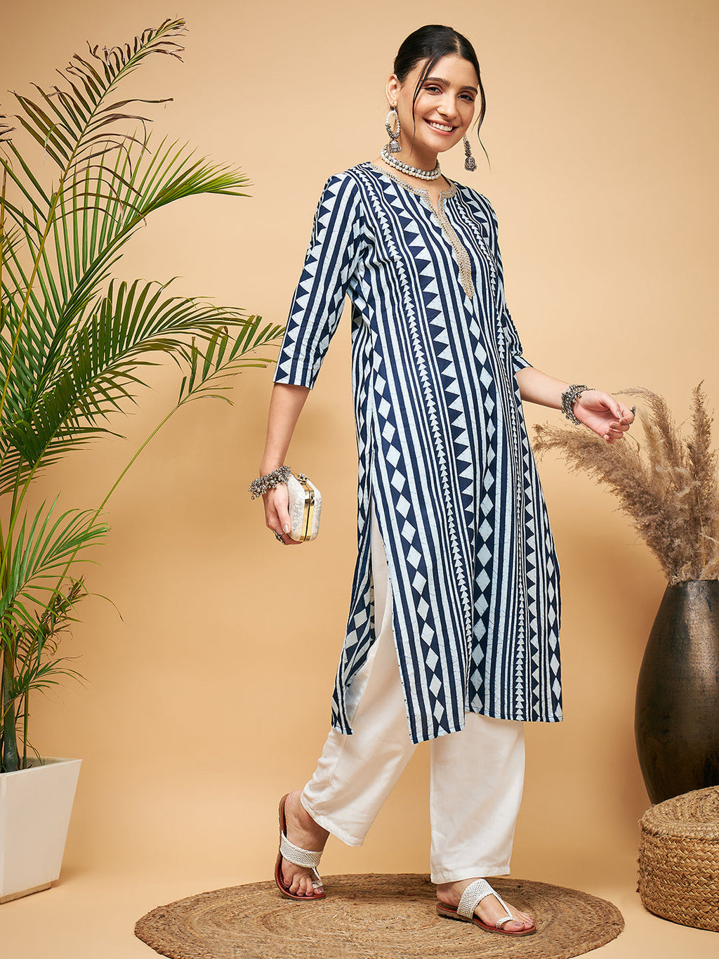 InWeave Women's White Navy Stripe Print Gota Straight Kurta Pant Set | Grocsy