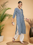 InWeave Women's White Navy Stripe Print Gota Straight Kurta Pant Set | Grocsy