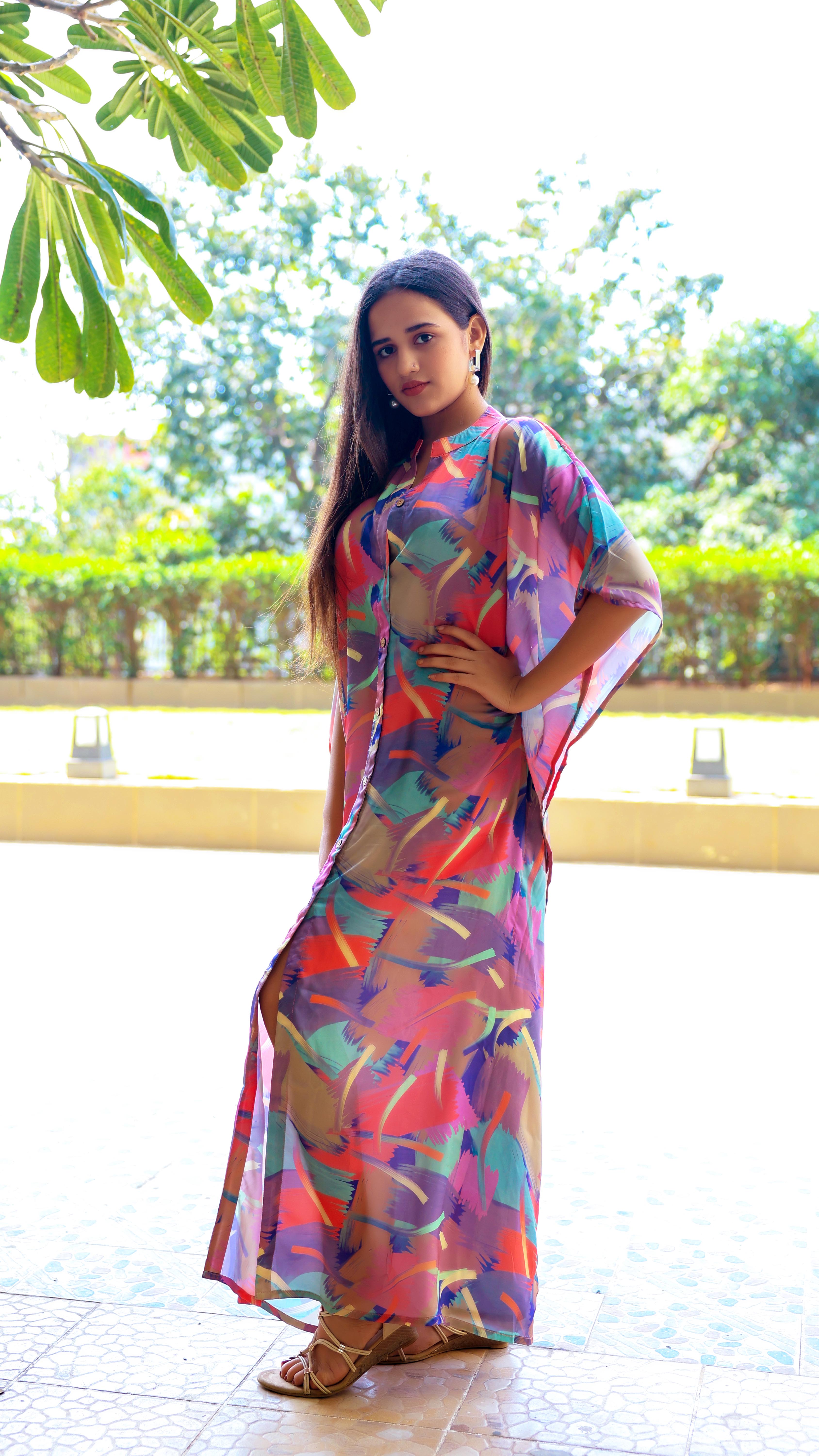 Noroke Sustainable fabric | Bemberg Abstract Printed Shirt Style Kaftan | Grocsy