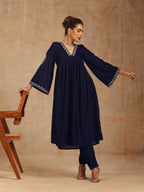 trueBrowns Midnight Blue Velvet Embroidered Kurta | Grocsy