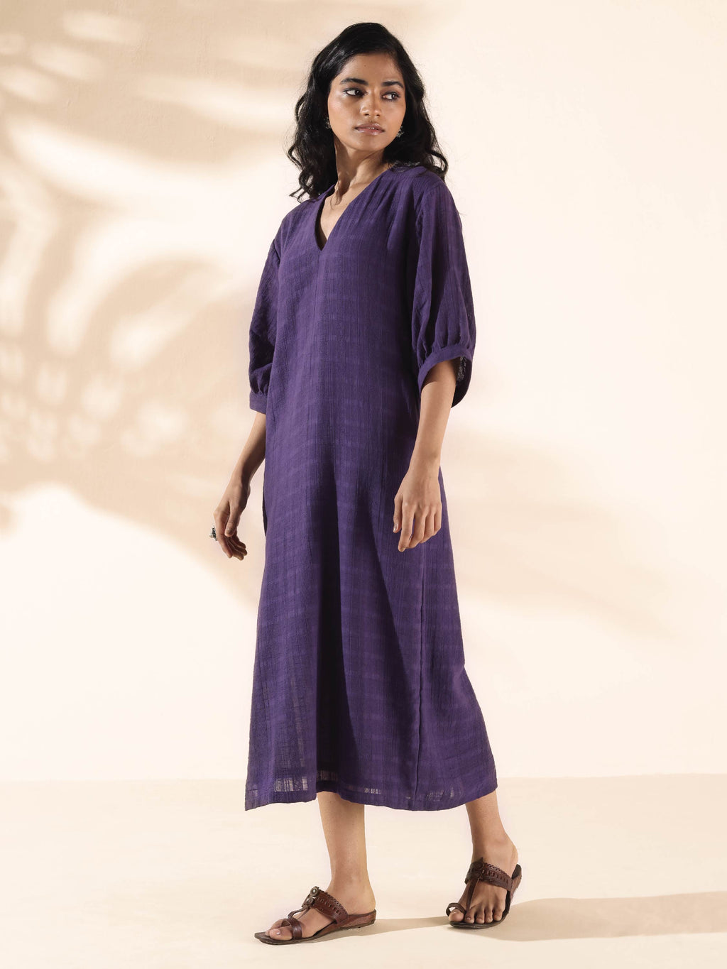 trueBrowns Purple Cotton Dobby Slit Dress | Grocsy