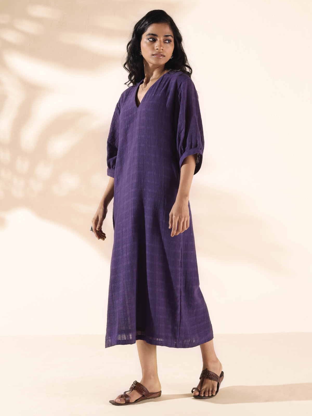 trueBrowns Purple Cotton Dobby Slit Dress | Grocsy