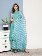 InWeave Women's Teal Lurex Boho Kurta Set With Sky Blue White Leh Dupatta | Grocsy
