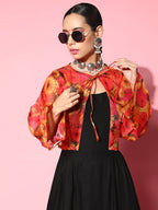 InWeave Women's Black Strappy Set With Pink Mustard Floral Short Organza Cape | Grocsy