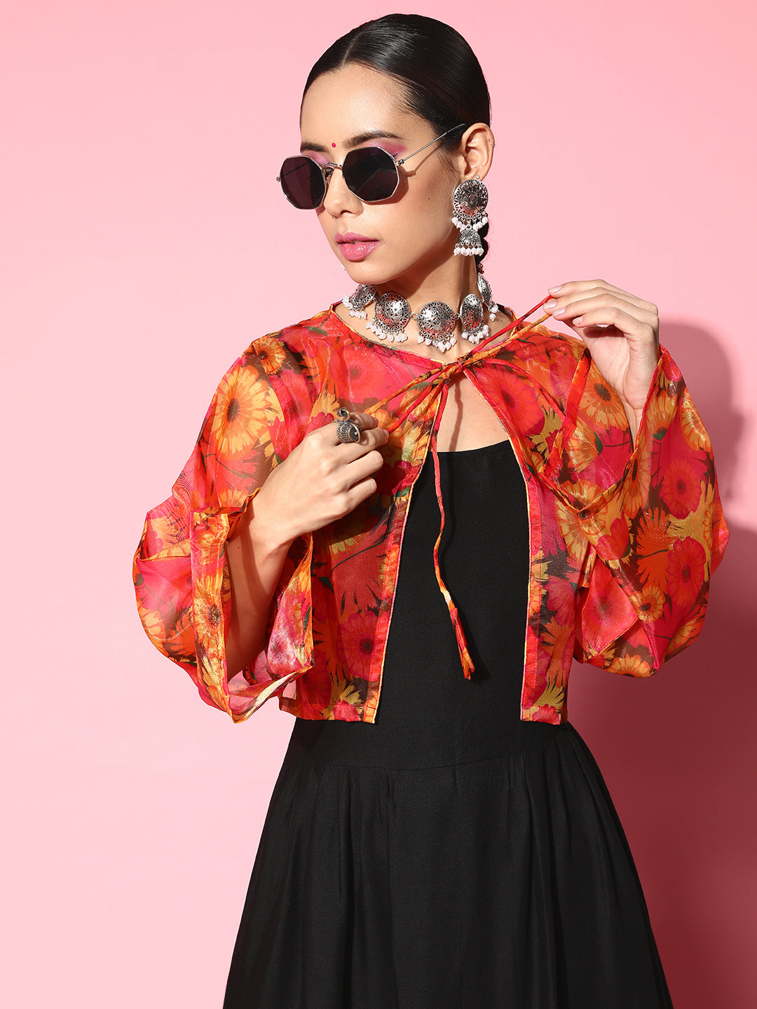 InWeave Women's Black Strappy Set With Pink Mustard Floral Short Organza Cape | Grocsy