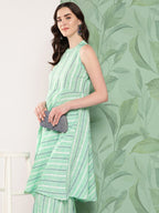 InWeave Women's Teal Kantha Striped Kurta Set | Grocsy