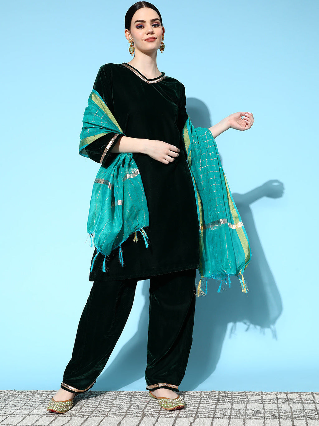 InWeave Women's Green Velvet Kurta Set With Teal Gold Check Dupatta | Grocsy