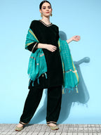 InWeave Women's Green Velvet Kurta Set With Teal Gold Check Dupatta | Grocsy