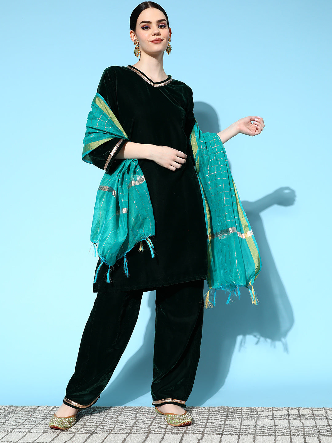 InWeave Women's Green Velvet Kurta Set With Teal Gold Check Dupatta | Grocsy