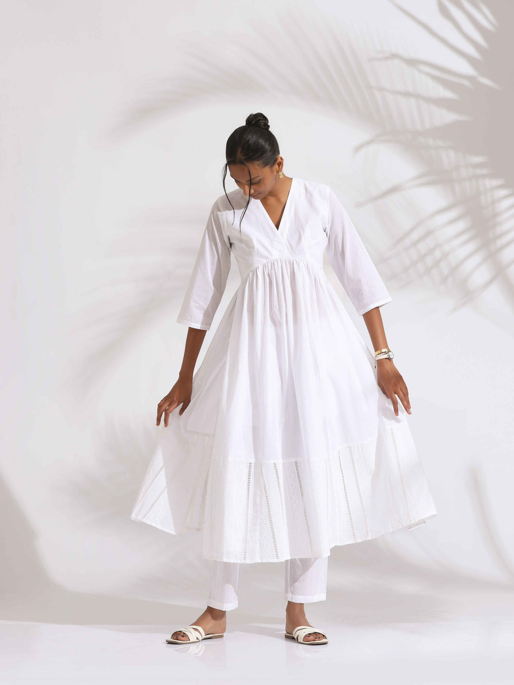 trueBrowns White Cotton Schiffli Flared Anarkali Kurta Set | Grocsy