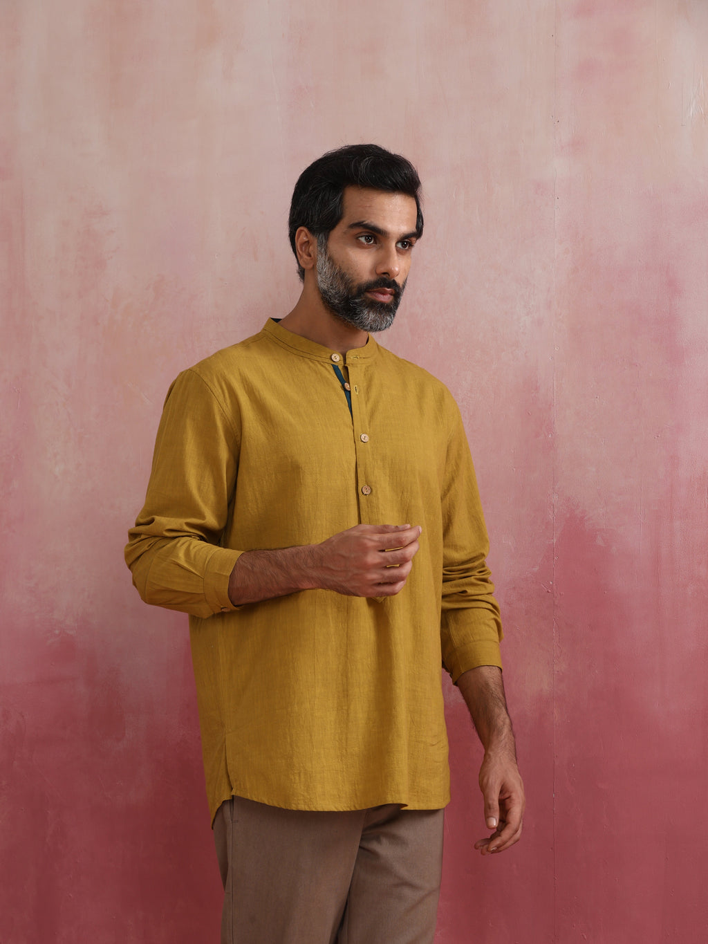 trueBrowns Men's Mustard Cotton Mandarin Collar Stylized Kurta | Grocsy