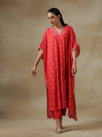 trueBrowns Red Bandhani Printed Silk Panel Kaftan Kurta Pant Set | Grocsy