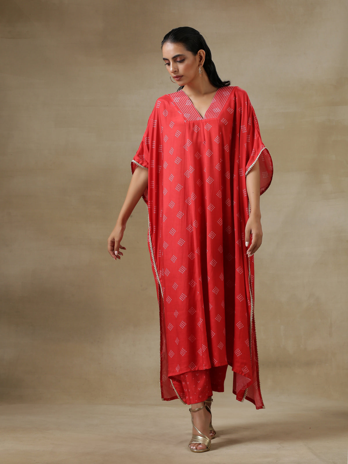 trueBrowns Red Bandhani Printed Silk Panel Kaftan Kurta Pant Set | Grocsy