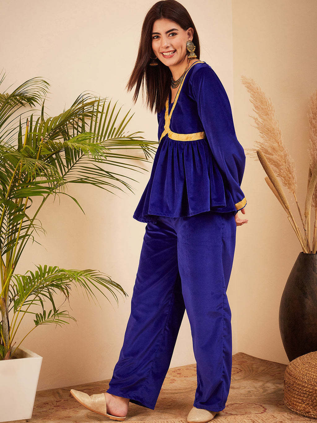 InWeave Women's Royal Blue Mughal Shaan Style Velvet Short Kurta Set | Grocsy