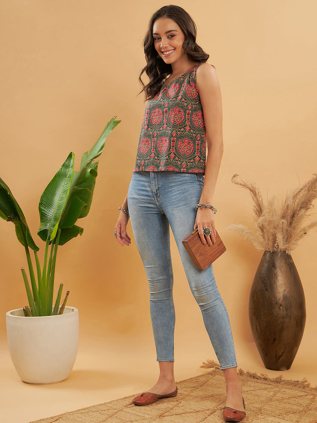InWeave Green Red Mughal Kalamkari Top | Grocsy