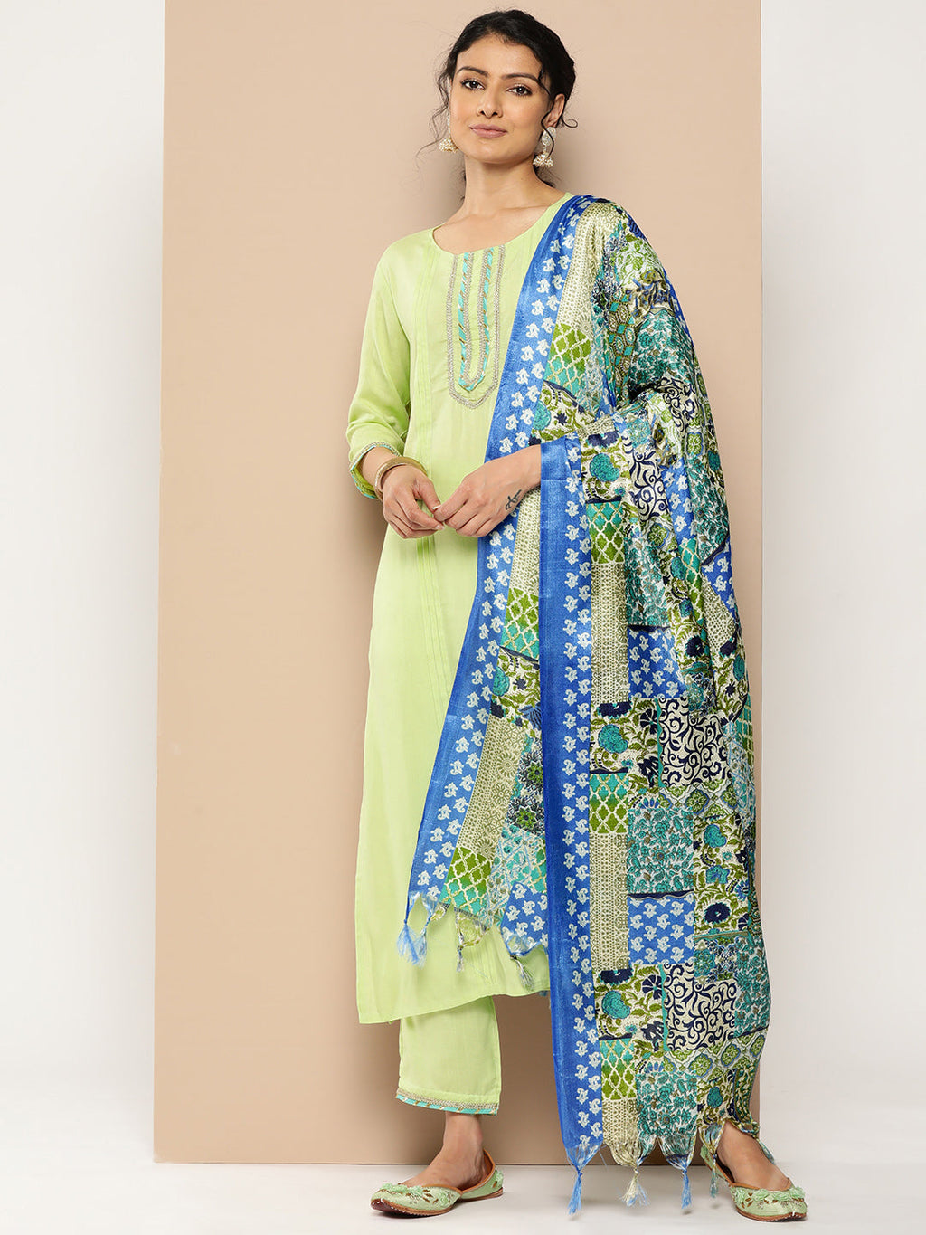 KSUT (House of Varanga) Green Kurta With Lace Embellishment Paired With Straight Pant And Dupatta | Grocsy