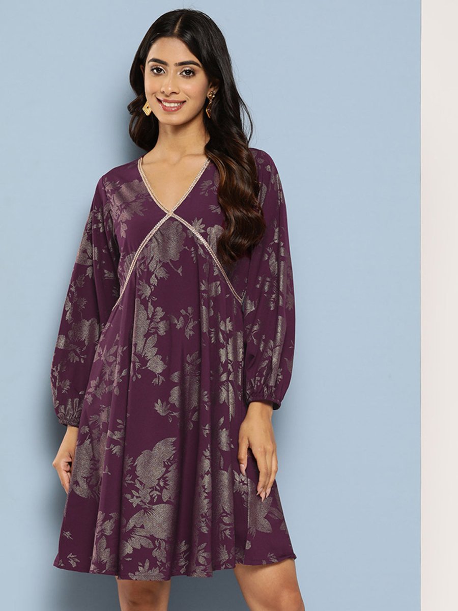Ahalyaa Floral Print Puff Sleeves Empire Crepe Ethnic Dress | Grocsy