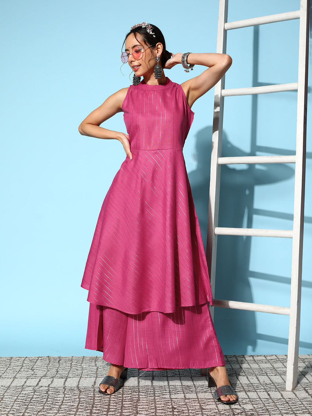 InWeave Women's Pink Lurex Boho Sleevless Kurta Set | Grocsy
