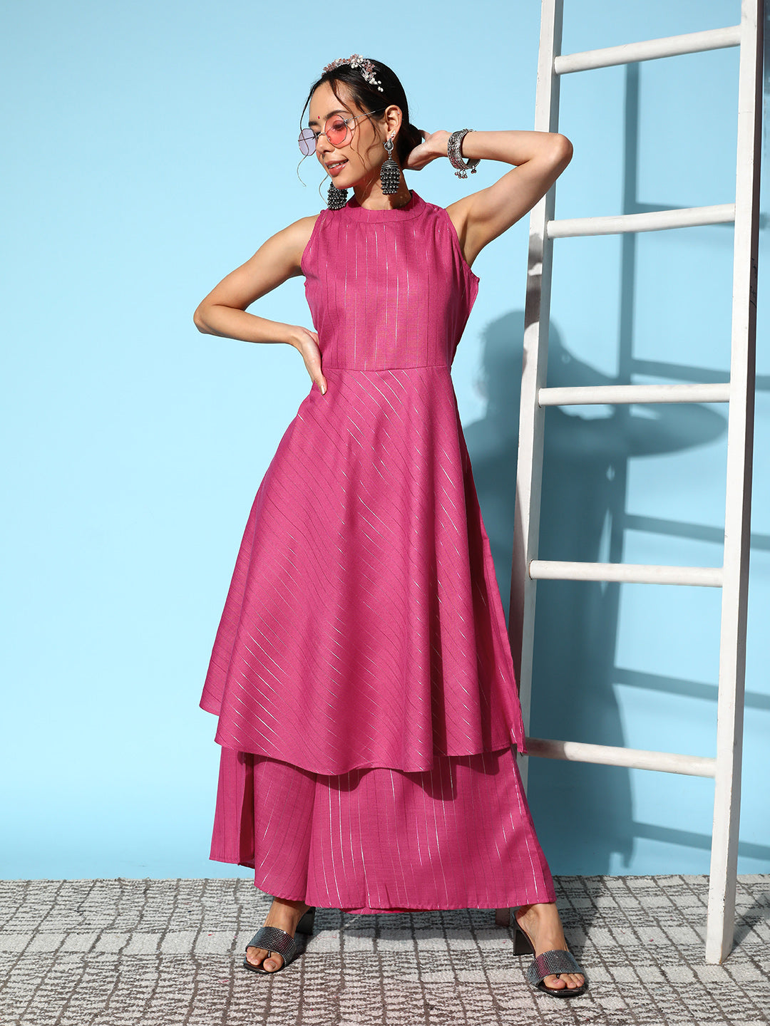 InWeave Women's Pink Lurex Boho Sleevless Kurta Set | Grocsy