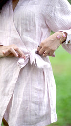 Noroke Linen Lilac Gold Wrap Shirt Dress | Grocsy