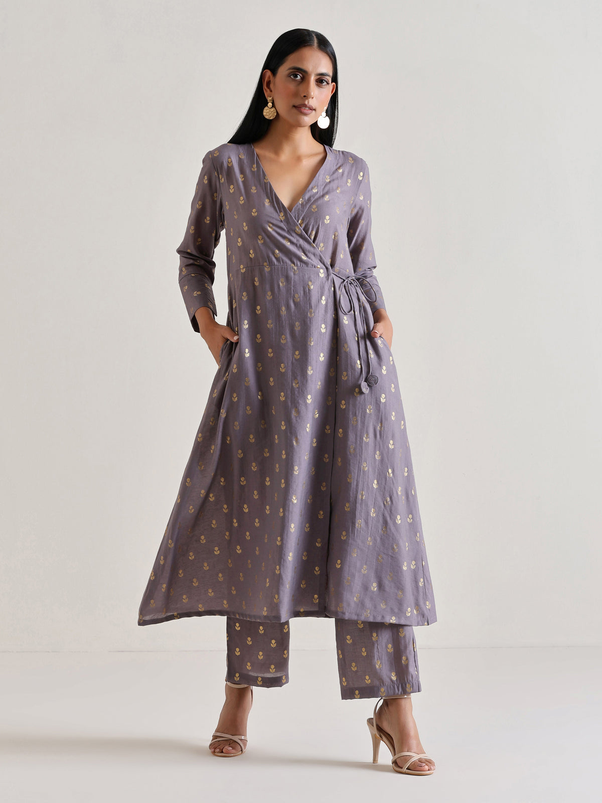 trueBrowns Plum Grey Foil Angrakha Kurta Set | Grocsy