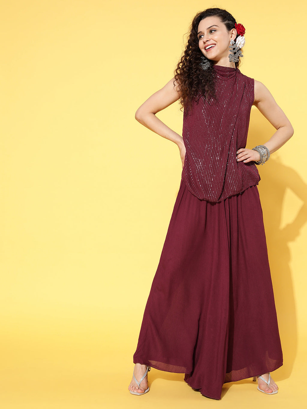 InWeave Women's Maroon Lurex Top With Flared Palazzo | Grocsy