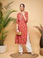 InWeave Women's Rust Paisley Print Gota Straight Kurta | Grocsy