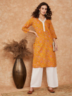 InWeave Women's Fire Yellow Print V Neck Lace Work Straight Kurta | Grocsy